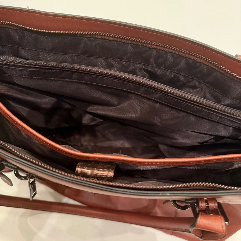 Mosiso Brown Vegan Leather Laptop Tote Bag Work Travel Briefcase Crossbody Strap - Picture 5 of 7